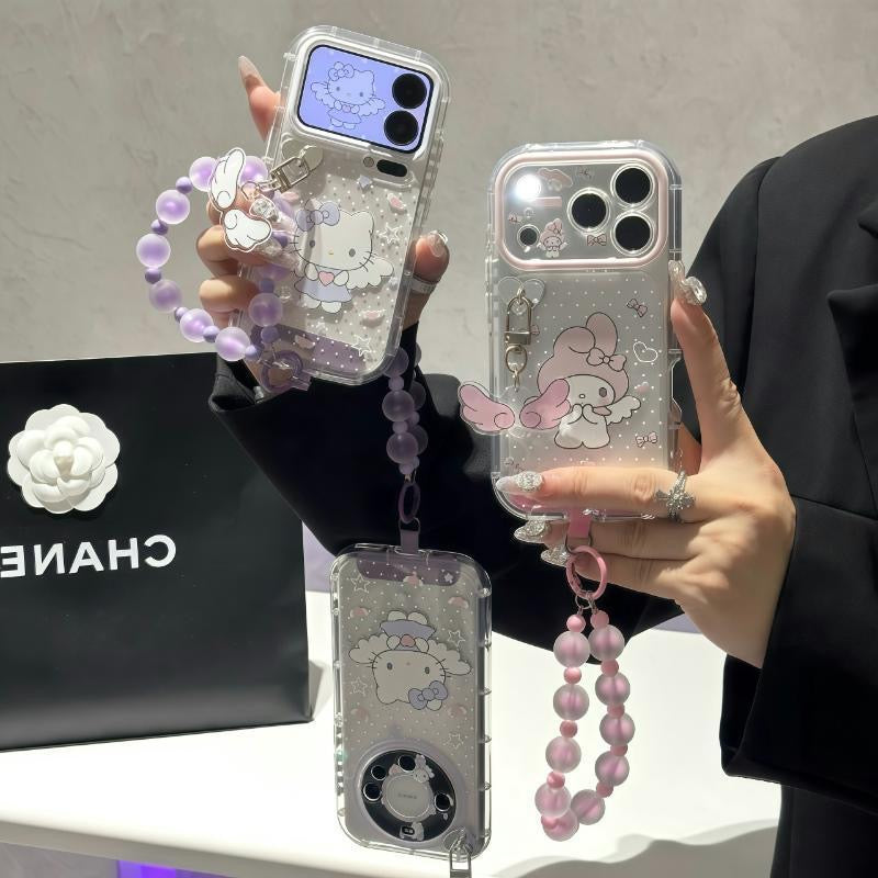Cute Melody Kitty Angel Wings Clear Phone Case, Sparkly Transparent Shockproof Cover with Pink Purple Beaded Strap for iPhone