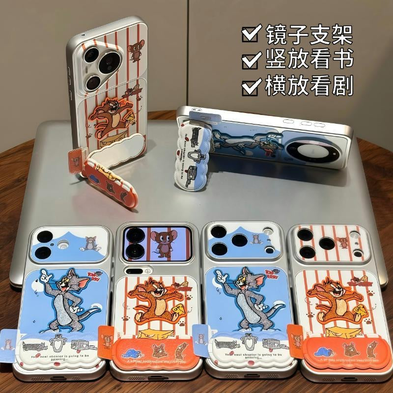 Classic Cartoon Cat & Mouse Cartoon Flip Mirror Phone Case, Shockproof Protective Cover with Built-in Stand