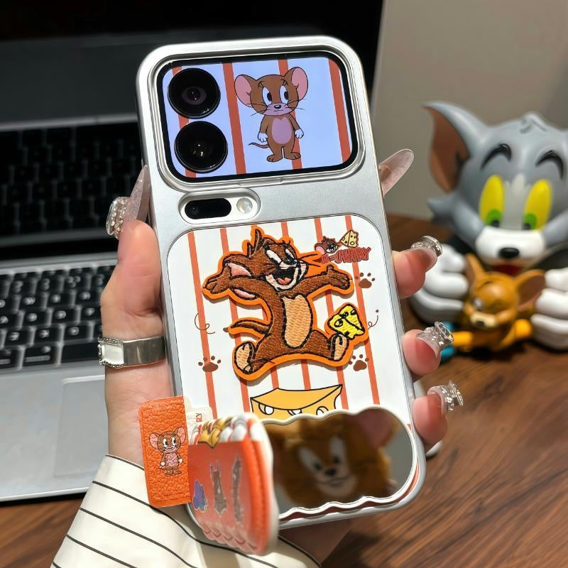 Classic Cartoon Cat & Mouse Cartoon Flip Mirror Phone Case, Shockproof Protective Cover with Built-in Stand
