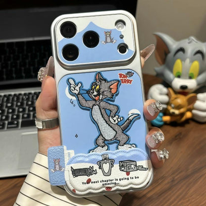 Classic Cartoon Cat & Mouse Cartoon Flip Mirror Phone Case, Shockproof Protective Cover with Built-in Stand