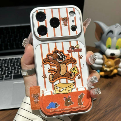 Classic Cartoon Cat & Mouse Cartoon Flip Mirror Phone Case, Shockproof Protective Cover with Built-in Stand