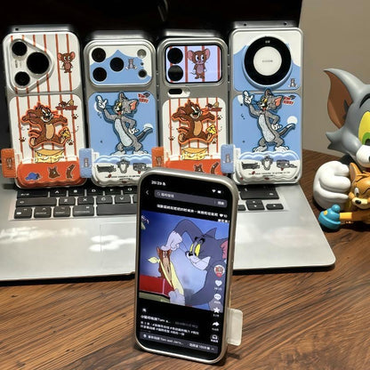 Classic Cartoon Cat & Mouse Cartoon Flip Mirror Phone Case, Shockproof Protective Cover with Built-in Stand