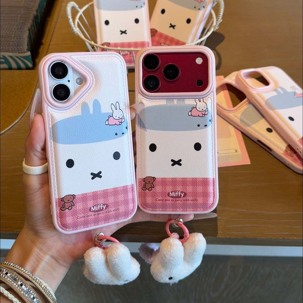 Cute Cartoon Bunny Faux Leather Phone Case With Plush Charm For iPhone