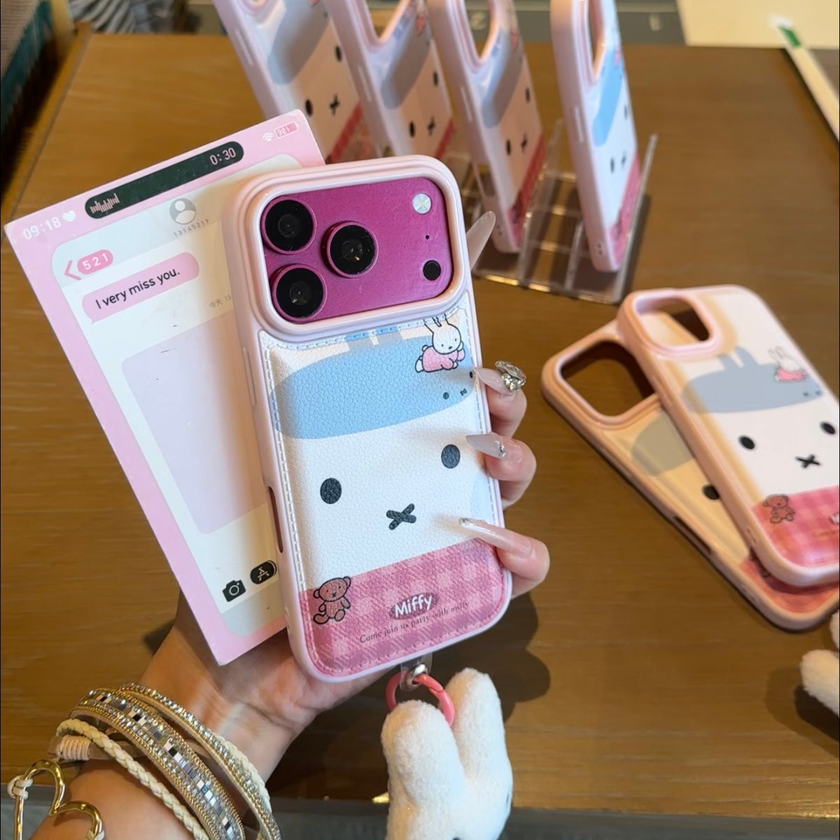 Cute Cartoon Bunny Faux Leather Phone Case With Plush Charm For iPhone