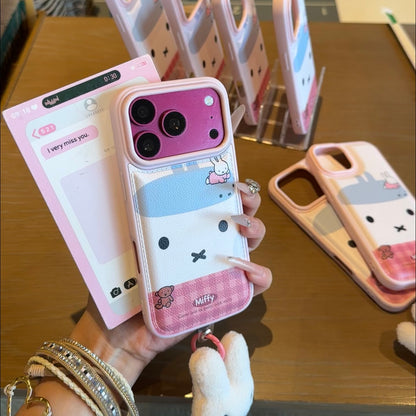 Cute Cartoon Bunny Faux Leather Phone Case With Plush Charm For iPhone
