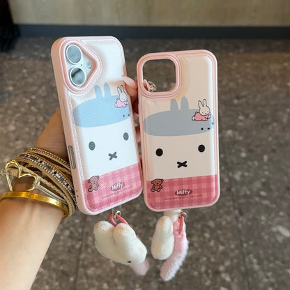 Cute Cartoon Bunny Faux Leather Phone Case With Plush Charm For iPhone