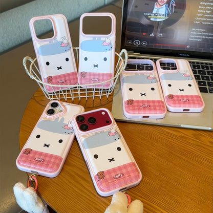 Cute Cartoon Bunny Faux Leather Phone Case With Plush Charm For iPhone