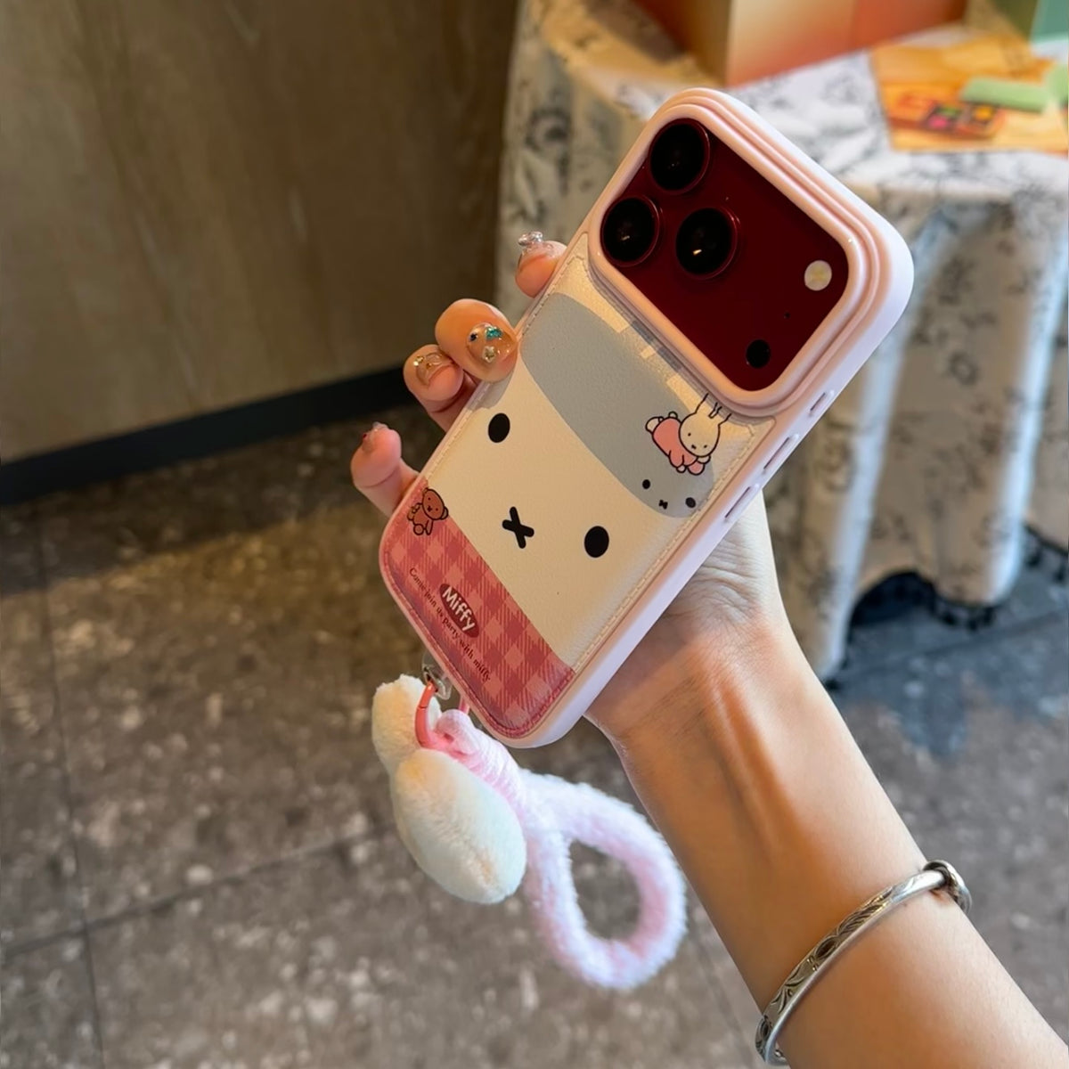 Cute Cartoon Bunny Faux Leather Phone Case With Plush Charm For iPhone