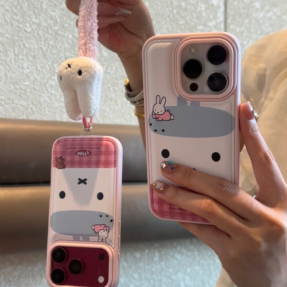 Cute Cartoon Bunny Faux Leather Phone Case With Plush Charm For iPhone
