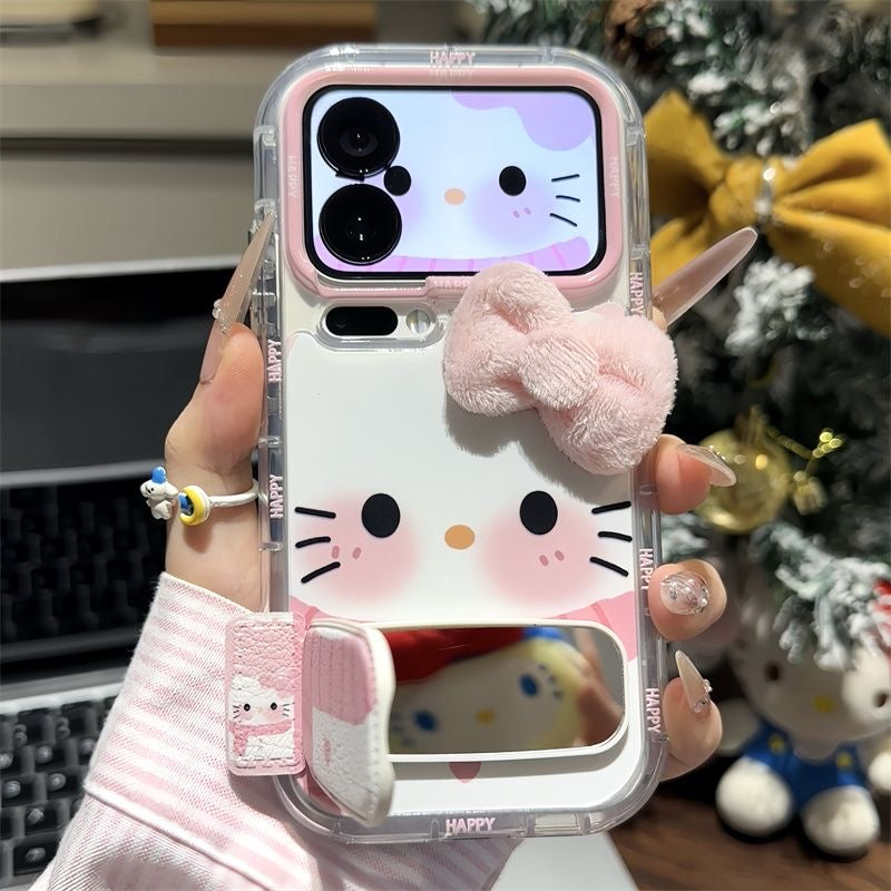 Kawaii 3D Fluffy Pink Bow Kitty Phone Case With Foldable Wrist Strap, Cute Cartoon Mirror Camera Lens Protective Clear Phone Cover For iPhone