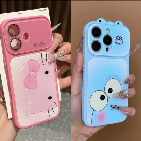 Cute Bow Cartoon Kitty& Frog Phone Case | Flip Camera Lens Protector Soft Shockproof Cover For iPhone
