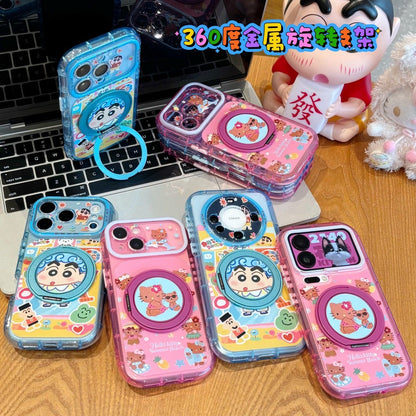 Cute Colorful Cartoon Graphic Phone Case With Rotating Magnetic Ring Stand, Transparent Candy‑Colored Frame, Large Camera Window, Shock‑Absorbent TPU Protective Shell for Smartphones