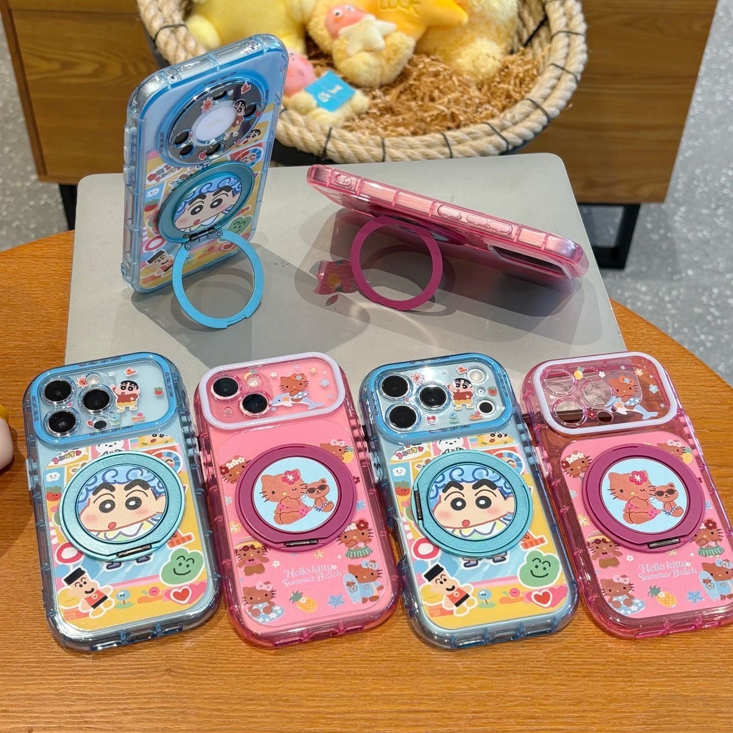 Cute Colorful Cartoon Graphic Phone Case With Rotating Magnetic Ring Stand, Transparent Candy‑Colored Frame, Large Camera Window, Shock‑Absorbent TPU Protective Shell for Smartphones