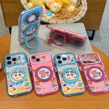 Cute Colorful Cartoon Graphic Phone Case With Rotating Magnetic Ring Stand, Transparent Candy‑Colored Frame, Large Camera Window, Shock‑Absorbent TPU Protective Shell for Smartphones