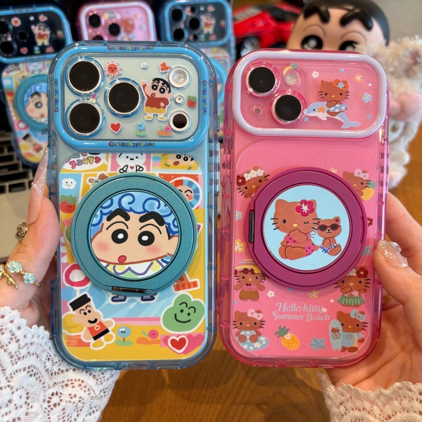Cute Colorful Cartoon Graphic Phone Case With Rotating Magnetic Ring Stand, Transparent Candy‑Colored Frame, Large Camera Window, Shock‑Absorbent TPU Protective Shell for Smartphones