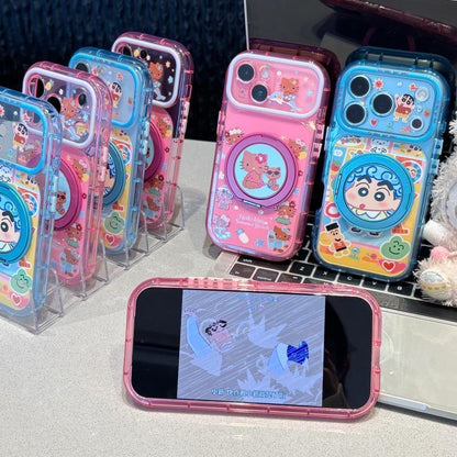 Cute Colorful Cartoon Graphic Phone Case With Rotating Magnetic Ring Stand, Transparent Candy‑Colored Frame, Large Camera Window, Shock‑Absorbent TPU Protective Shell for Smartphones