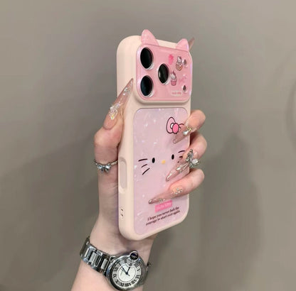 Pink Kitty Phone Case with 3D Cat Ears & Shimmer Shell Pattern - Kawaii Aesthetic Protective Cover