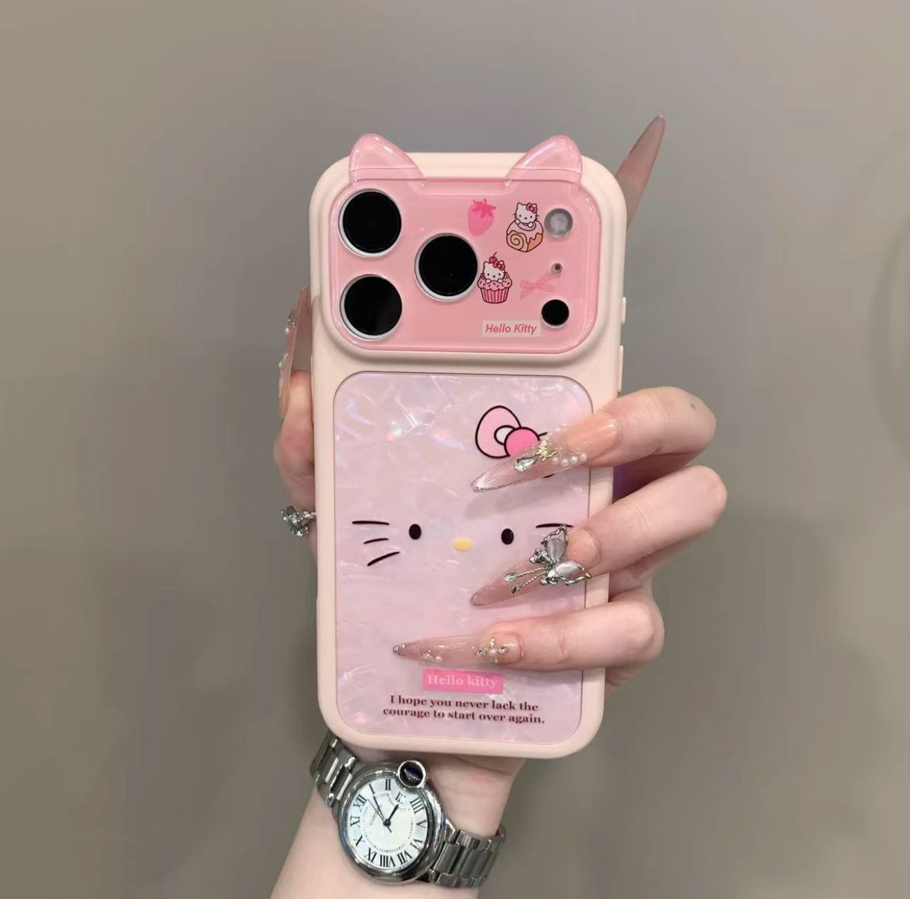Pink Kitty Phone Case with 3D Cat Ears & Shimmer Shell Pattern - Kawaii Aesthetic Protective Cover