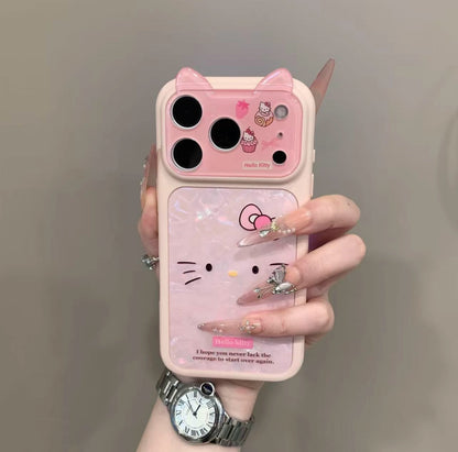 Pink Kitty Phone Case with 3D Cat Ears & Shimmer Shell Pattern - Kawaii Aesthetic Protective Cover