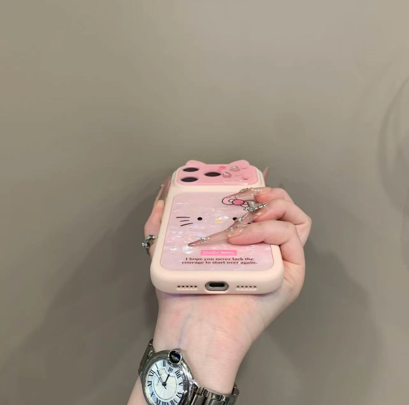 Pink Kitty Phone Case with 3D Cat Ears & Shimmer Shell Pattern - Kawaii Aesthetic Protective Cover
