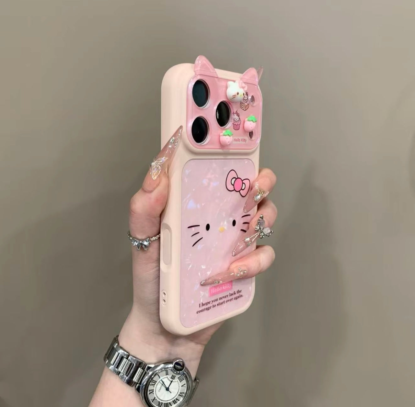 Pink Kitty Phone Case with 3D Cat Ears & Shimmer Shell Pattern - Kawaii Aesthetic Protective Cover