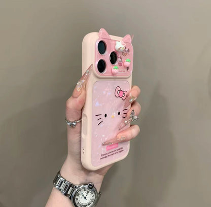 Pink Kitty Phone Case with 3D Cat Ears & Shimmer Shell Pattern - Kawaii Aesthetic Protective Cover