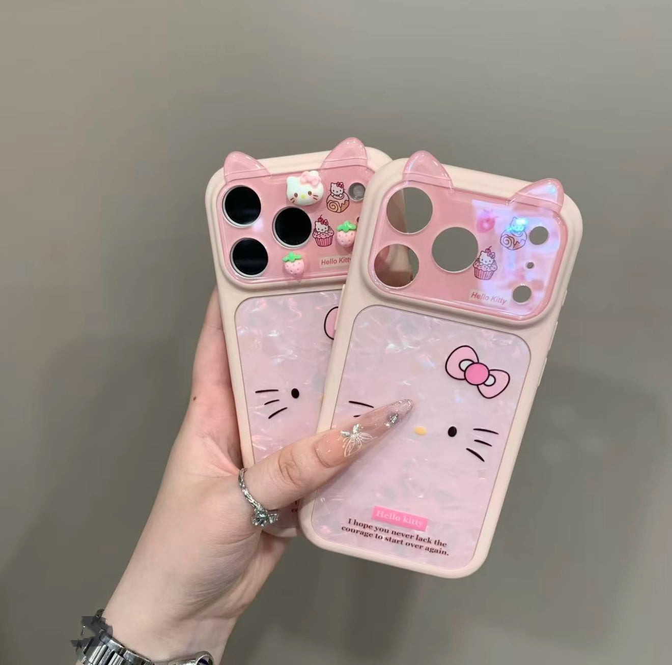 Pink Kitty Phone Case with 3D Cat Ears & Shimmer Shell Pattern - Kawaii Aesthetic Protective Cover
