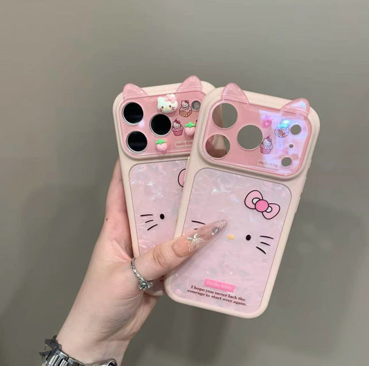 Pink Kitty Phone Case with 3D Cat Ears & Shimmer Shell Pattern - Kawaii Aesthetic Protective Cover