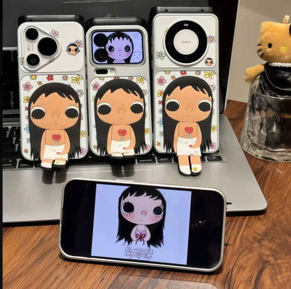 Kawaii Aesthetic 3D Cartoon Girl Phone Case with Floral Print & Foldable Kickstand