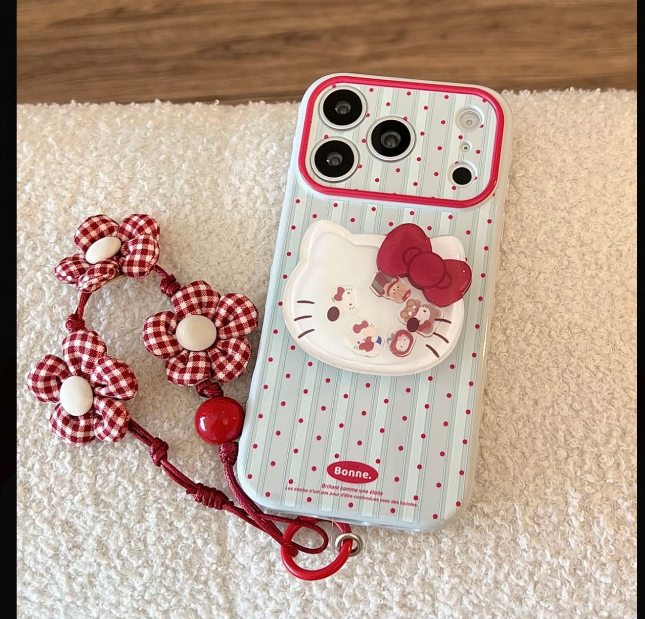 Cute Kitty Polka Dot Stripe Phone Case with Pop Stand & Plaid Flower Wrist Lanyard, Cute Shockproof Protective Cover with Full Camera Protection for iPhone