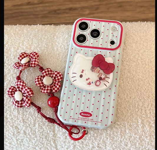 Cute Kitty Polka Dot Stripe Phone Case with Pop Stand & Plaid Flower Wrist Lanyard, Cute Shockproof Protective Cover with Full Camera Protection for iPhone