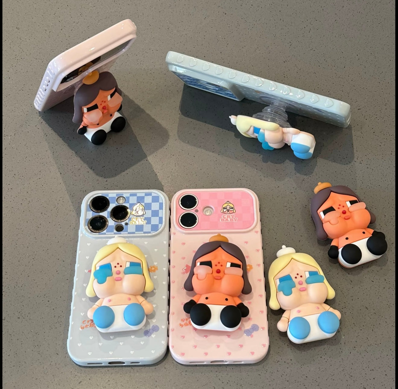 Crybaby 3D Stereo Doll Stand Phone Case Pastel Heart Check Graffiti Shockproof Protective Cover For iPhone  Huawei Foldable Flip Phones